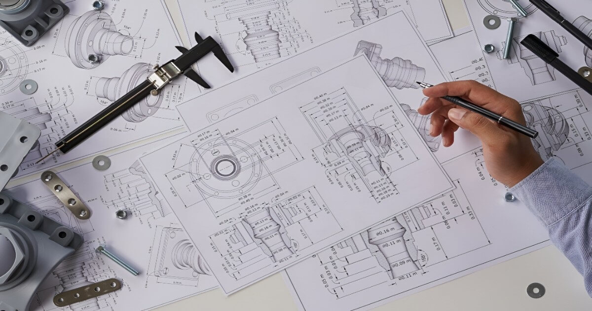 Detailed 2D drafting services with technical drawings and tools.