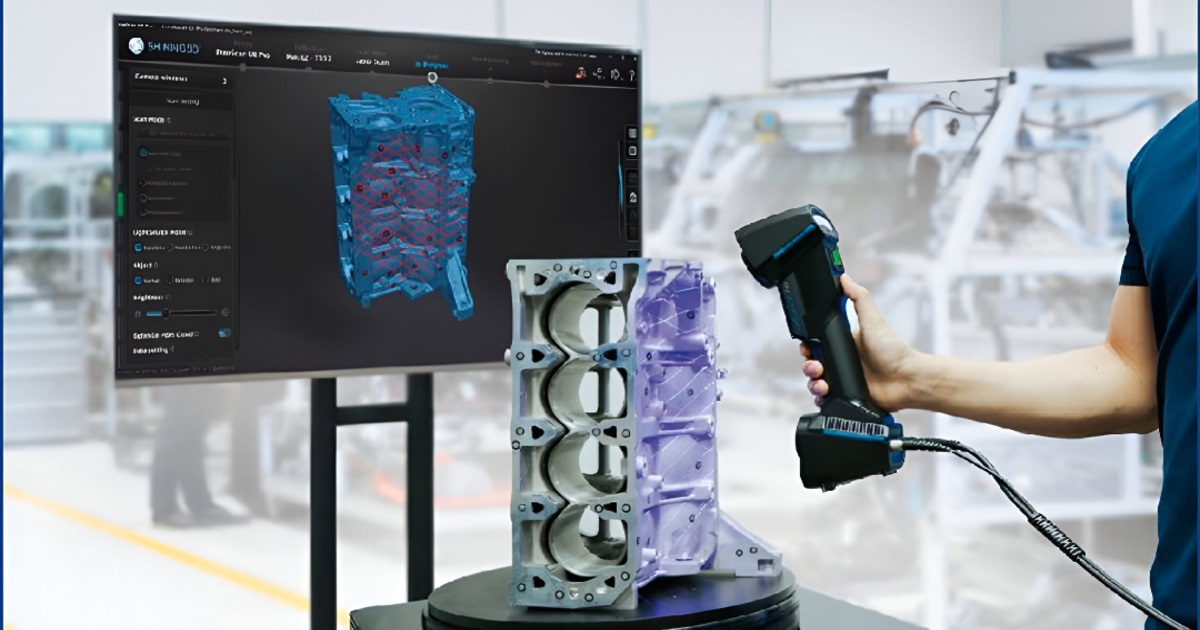  A technician using a 3D laser scanner on a mechanical part with a digital display in the background.