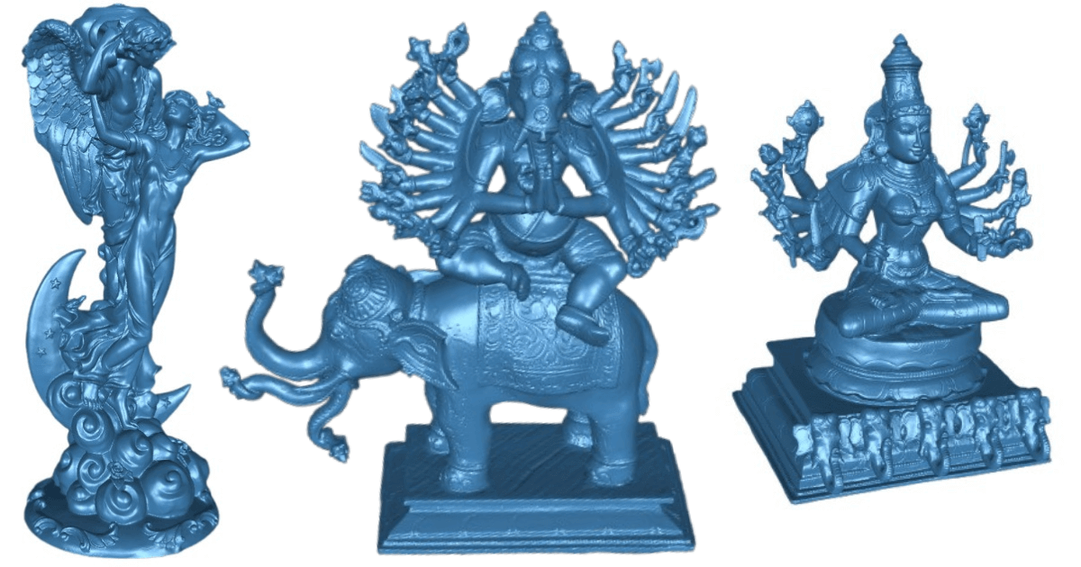 Three blue statues of Hindu deities, showcasing intricate details, used for 3D scanning of human and sculpture interactions.