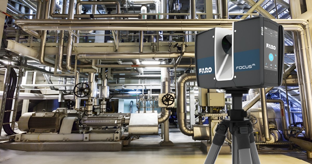 FARO 3D scanner capturing data in a manufacturing facility.
