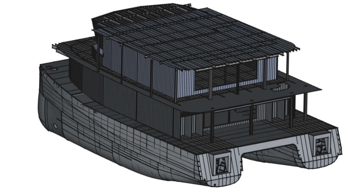 3D model of a boat with a roof, showcasing BIM modeling services for architectural visualization.