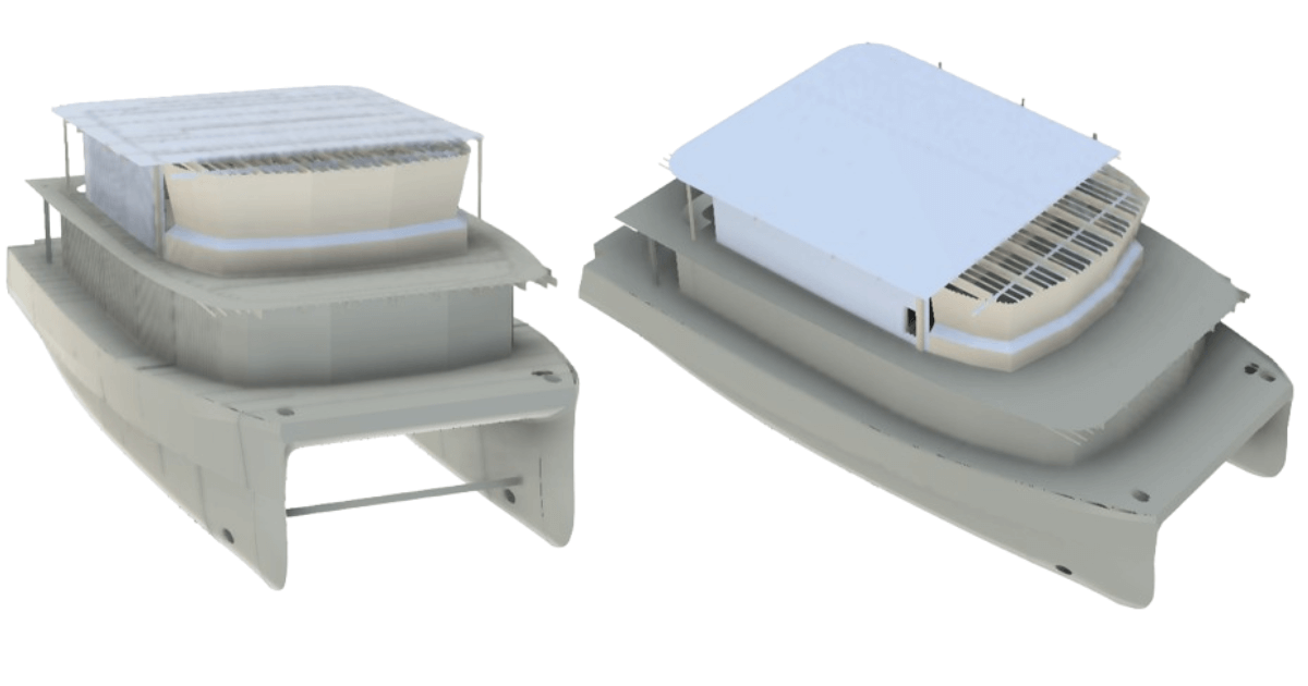 Two boat models with roofs displayed, showcasing BIM modeling services for design and construction visualization.