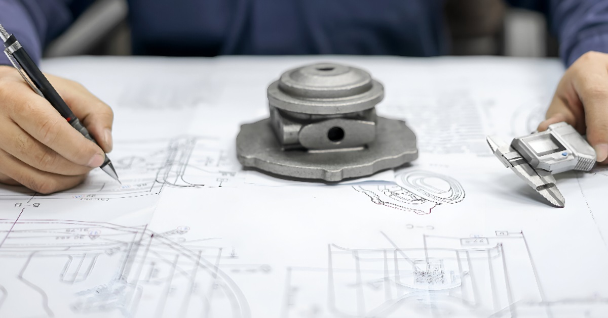 Hand sketching CAD designs on technical drawings with measuring tools.