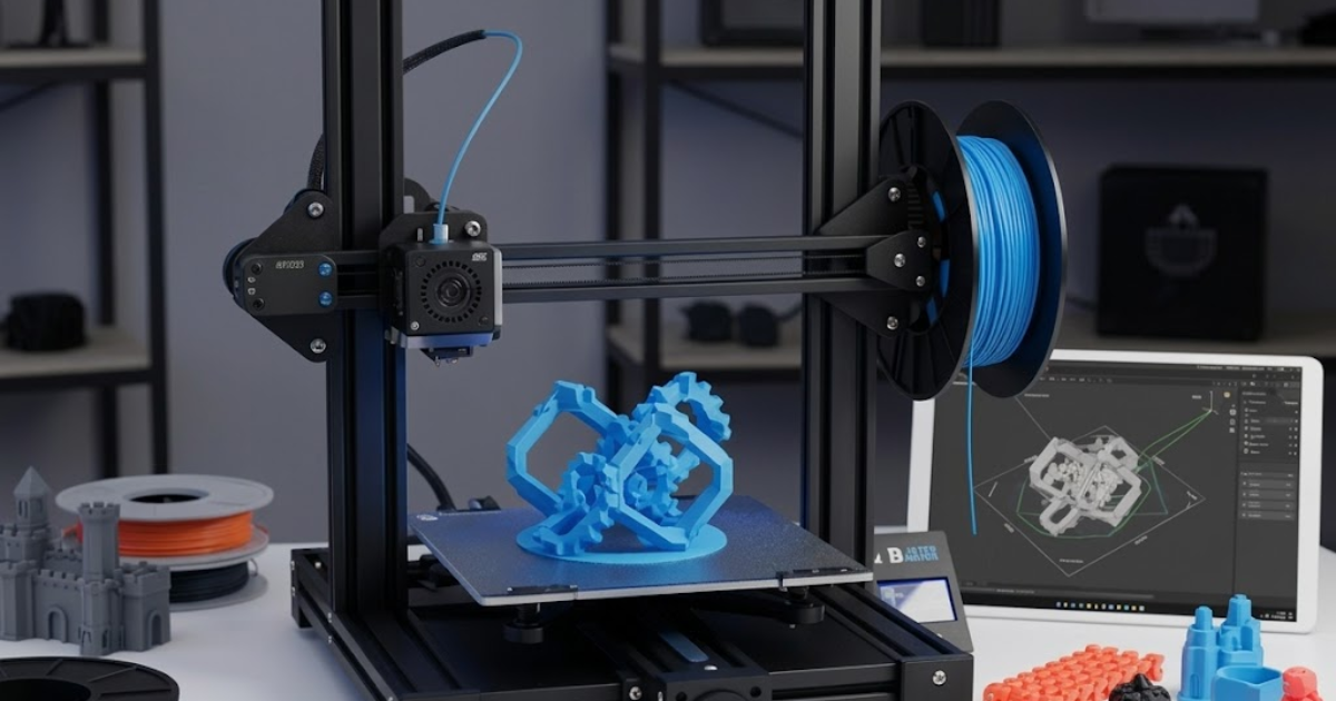 FDM 3D printer using PLA, ABS, and PETG thermoplastics with blue filament.