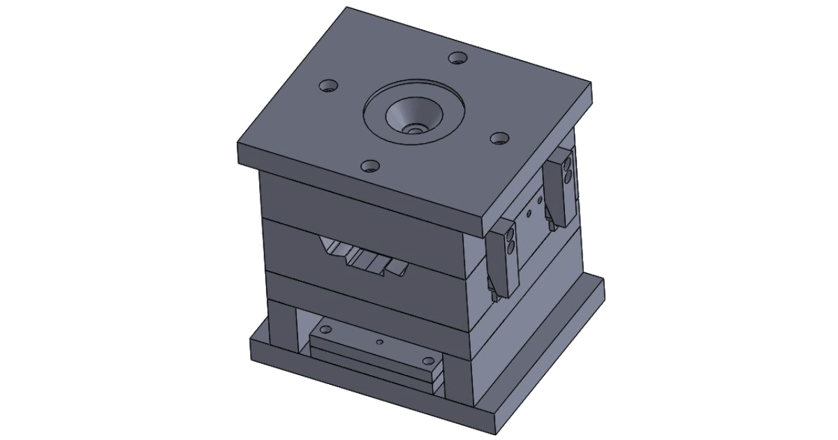 3D model of an injection molding machine used for manufacturing plastic parts.