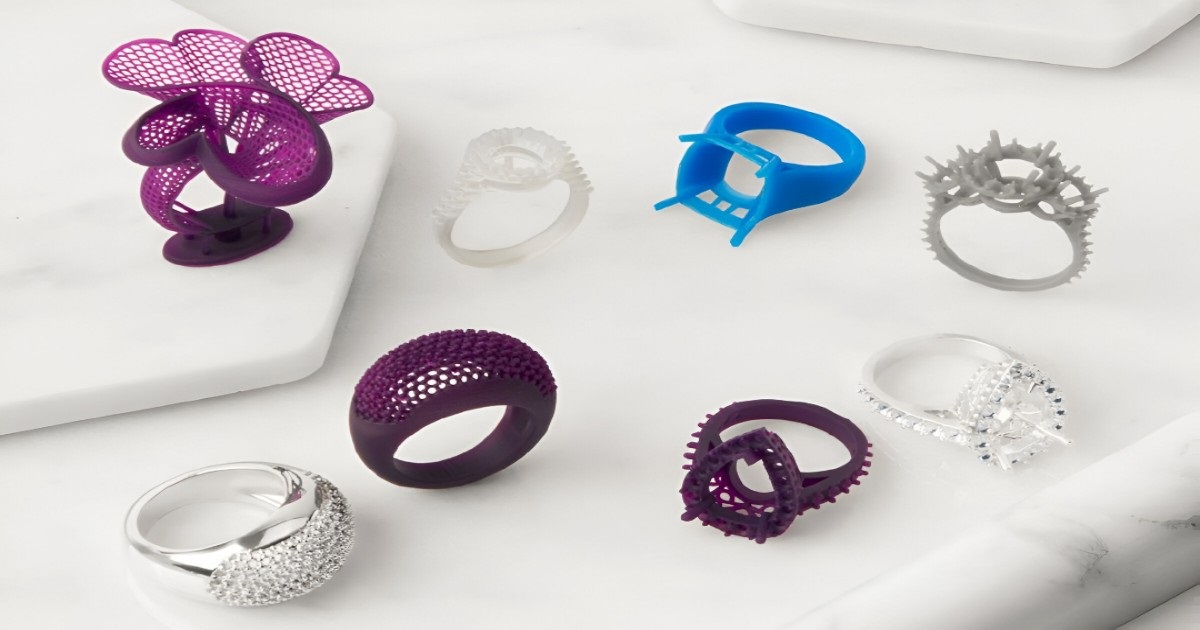 Innovative jewelry pieces made with 3D printing techniques.