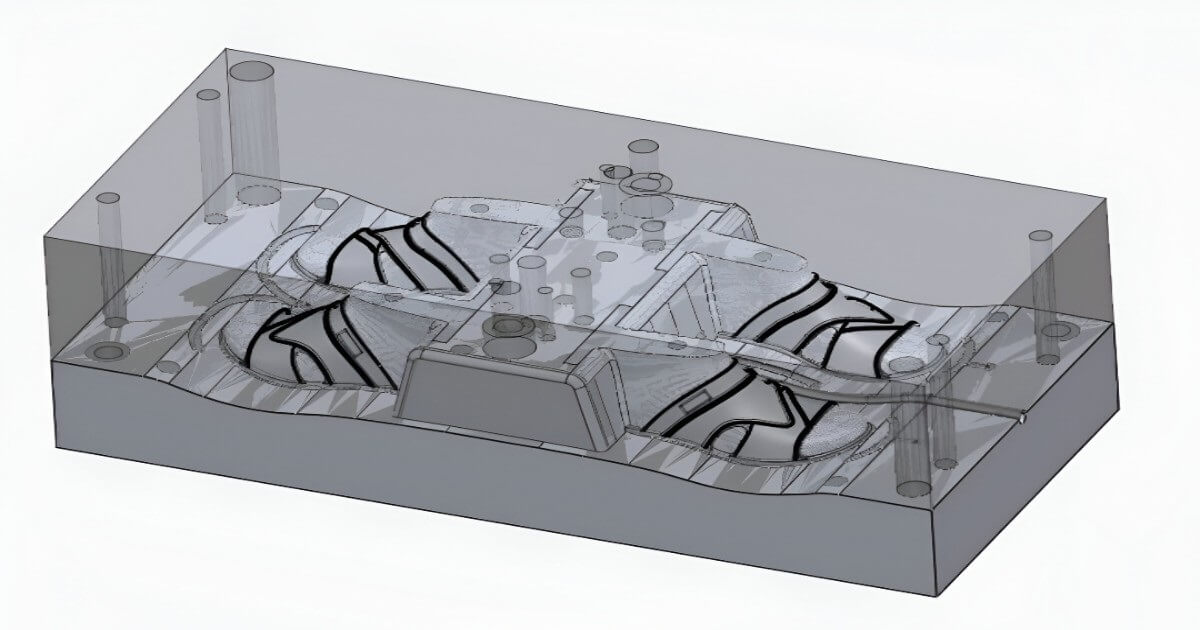  3D model of a shoe box containing two shoes, showcasing mould manufacturing services for footwear design.