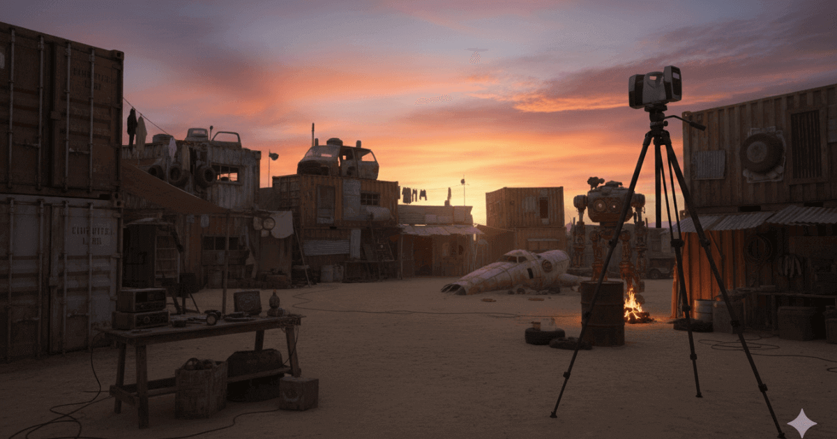 3D laser scanning setup for visual effects in a desert-like environment with shipping containers.
