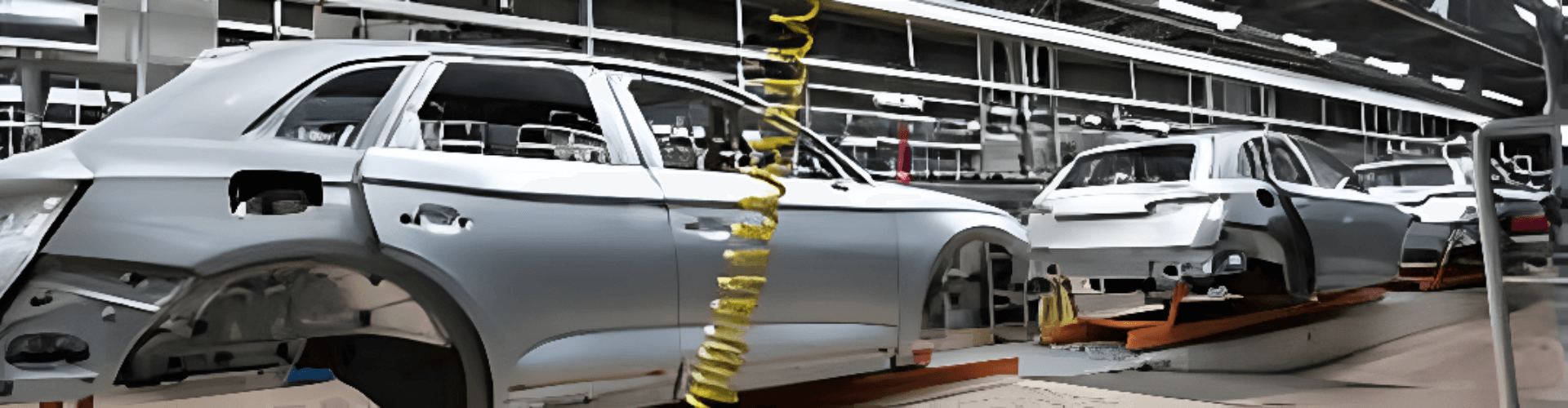 A car is being assembled on a production line, showcasing the process of automotive engineering in action.